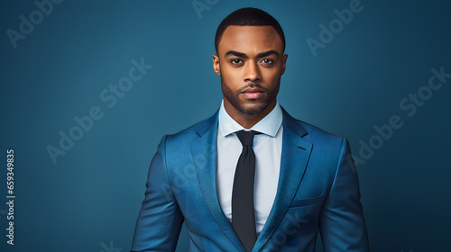 Portrait of a black business man in a blue suit, blue background