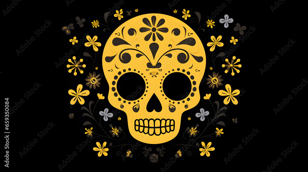 Skull with designs and decorations, Minimalist yellow on a black background, Day of the Dead Calavera Skull with designs and decorations, Minimalist yellow on a black background, Day of the Dead Calavera