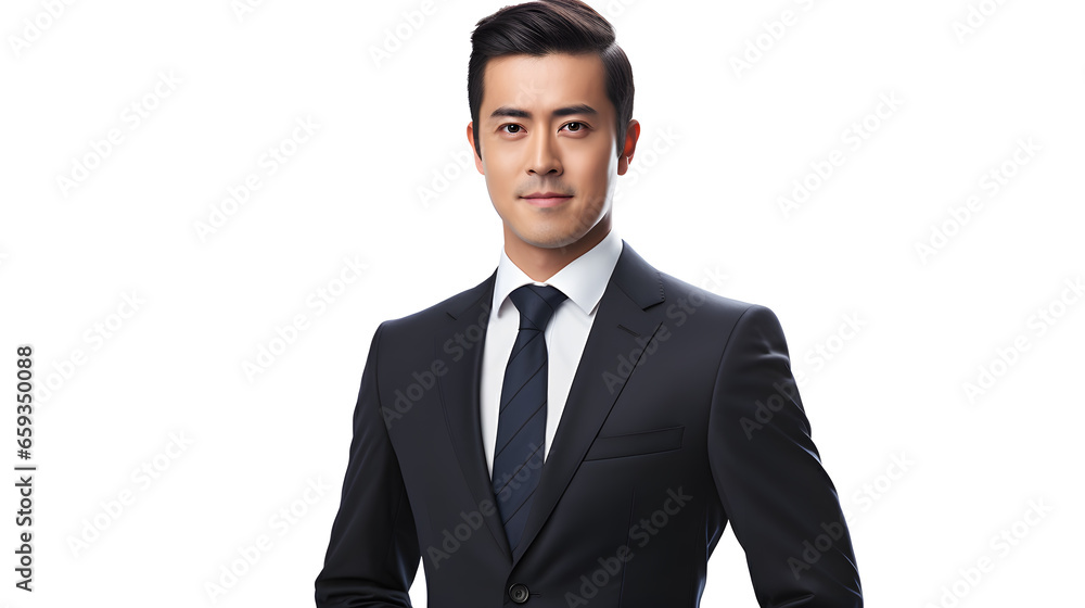 Portrait of an Asian business man in a black suit, white background Portrait of an Asian business man in a black suit, white background