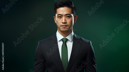 Portrait of an asian business man in a black suit, green background
