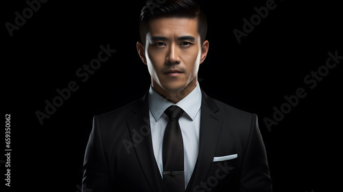 Portrait of an asian business man in a black suit, black background