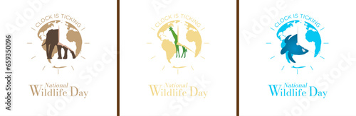 Set of Modern and minimalist National Wildlife Day Artworks. Clock is ticking, illegal hunting concept. Editable Vector Illustration.