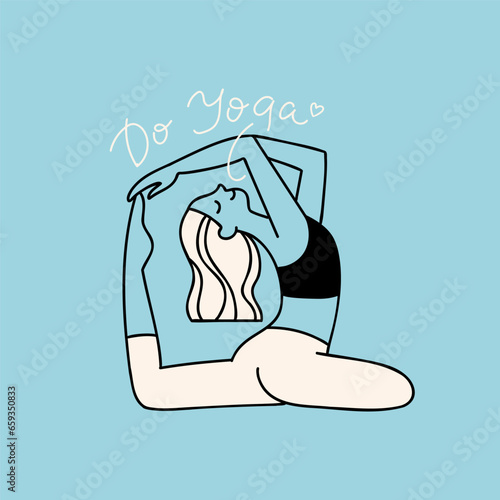 Stylized vector illustration of woman with wavy hair practicing Mermaid Pose, Eka Pada Rajakapotasana. Minimalist line art with hand lettering phrase 'Do Yoga' for social media post, advert, or print.