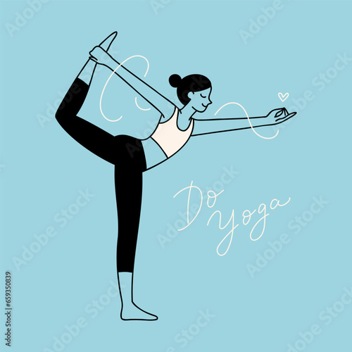 Vector minimalist illustration of woman practicing yoga, stretching in Dancer pose, Natarajasana. Hand-drawn black and white character drawing for card, podcast cover, advert, or social media post. 