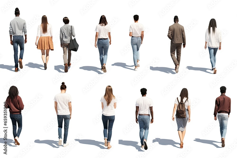 Obraz premium A diverse group of young men and women, standing together in a professional business setting, viewed from behind.