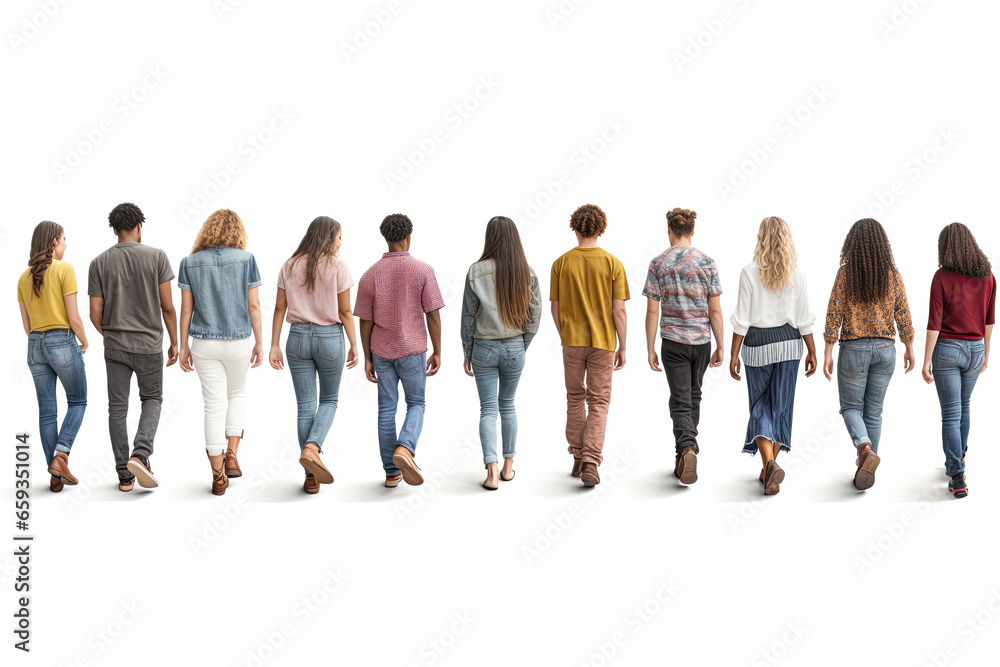 Obraz premium A diverse group of young women and men, viewed from behind, walking, enjoying togetherness.