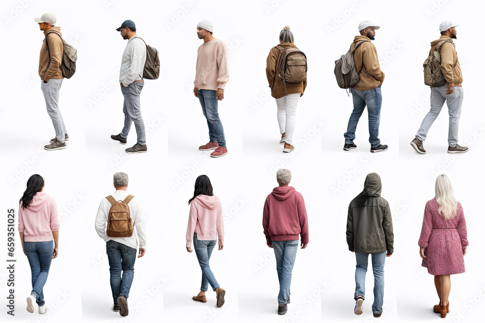 Obraz premium Set of modern people with their backs standing isolated on white background