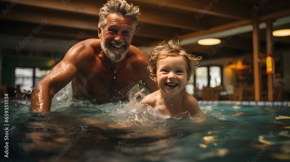 Grandfather and his grandson swimming, created by generative AI technology