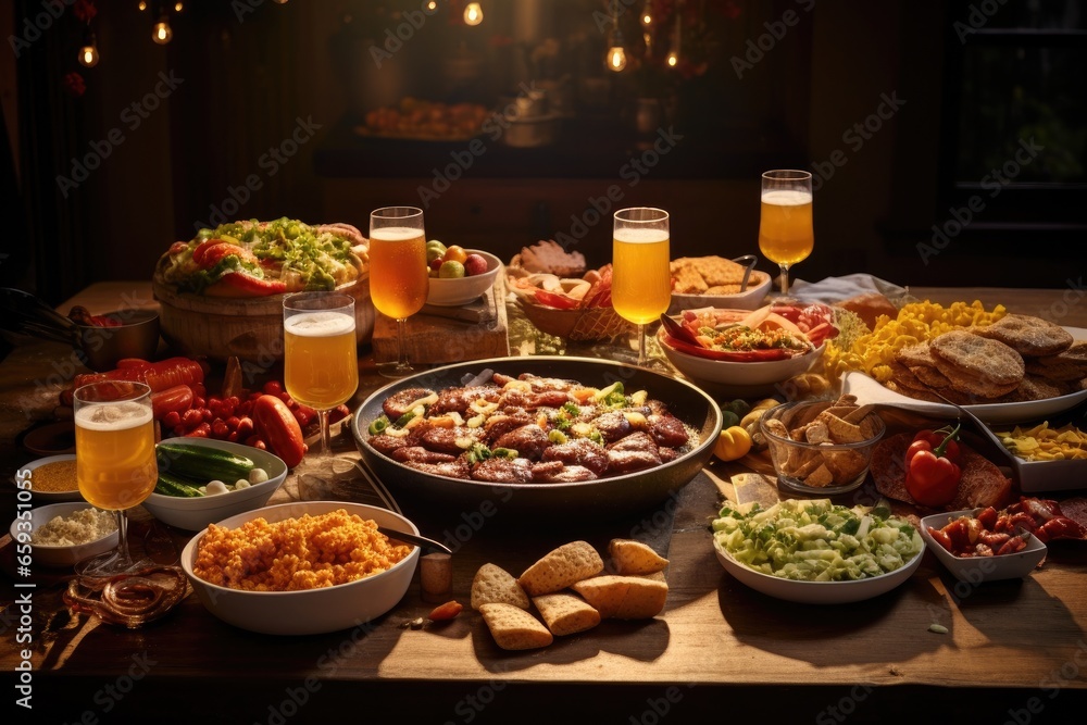 A delectable meal featuring traditional dishes, fresh vegetables, and a glass of beer, perfect for a celebration.