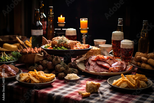 A festive Christmas dinner with a delicious roast meat, gourmet sides, and a glass of beer.