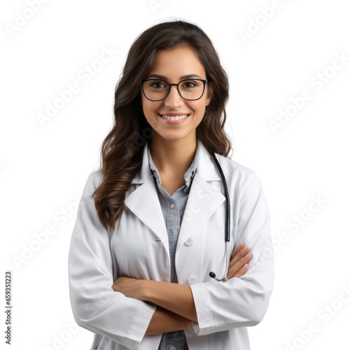 Female doctor portrait isolated on white transparent background, Young woman with stethoscope, PNG photo