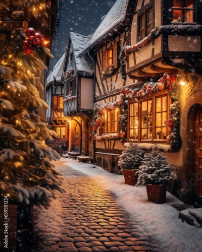 a beautiful european village street full of christmas decoration - ai-generated