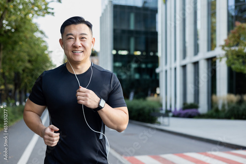 Cuadro en lienzo Portrait of an Asian young man running in headphones on a city street in the mor