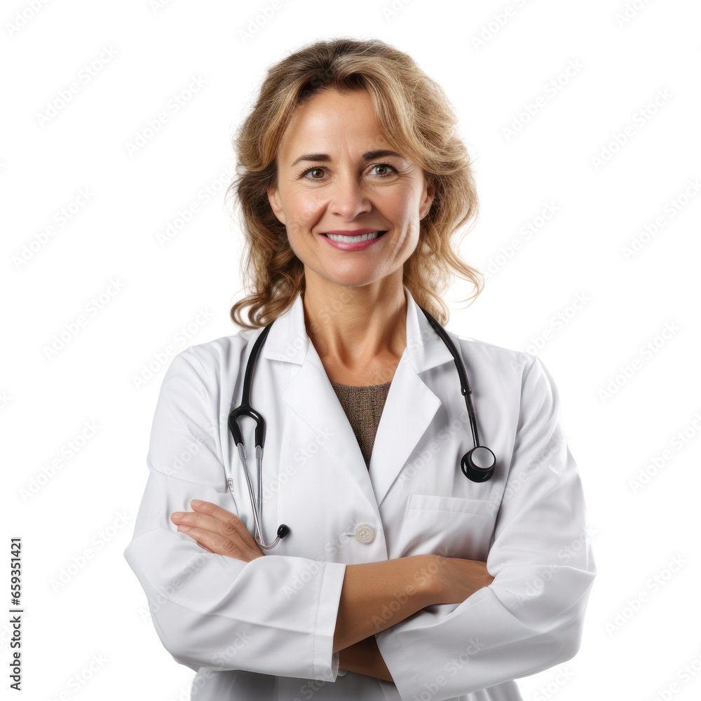 Female doctor portrait isolated on white transparent background, Experienced physician with stethoscope, PNG Female doctor portrait isolated on white transparent background, Experienced physician with stethoscope, PNG
