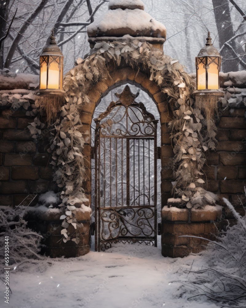 beautiful arched doorway in a winter forest - ai-generated