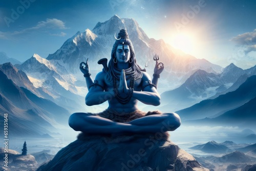 Hindu god Shiva  meditating on Mount Kailasa in the Himalayas