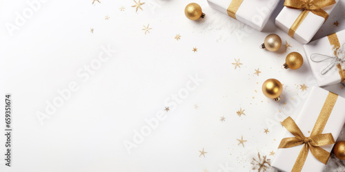 White gift boxes with gold bows and gold glass balls on a white Christmas background, top view