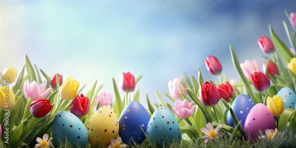 Happy Easter background with tulips and decorative eggs