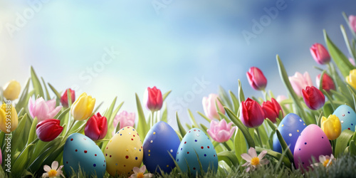 Happy Easter background with tulips and decorative eggs