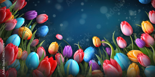 Happy Easter background with tulips and decorative eggs