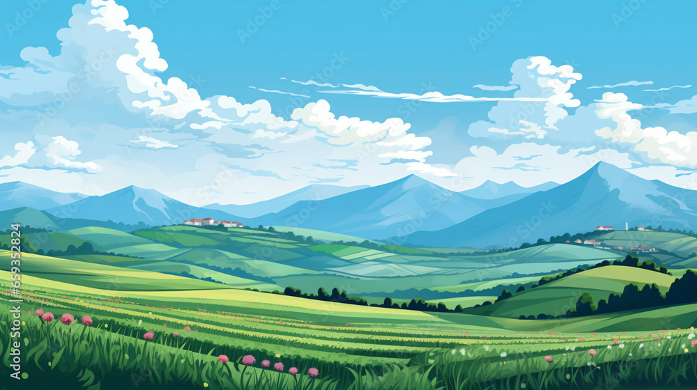 丘の中腹に広がる縞模様の農地、遠景には山々、青い空と白い雲