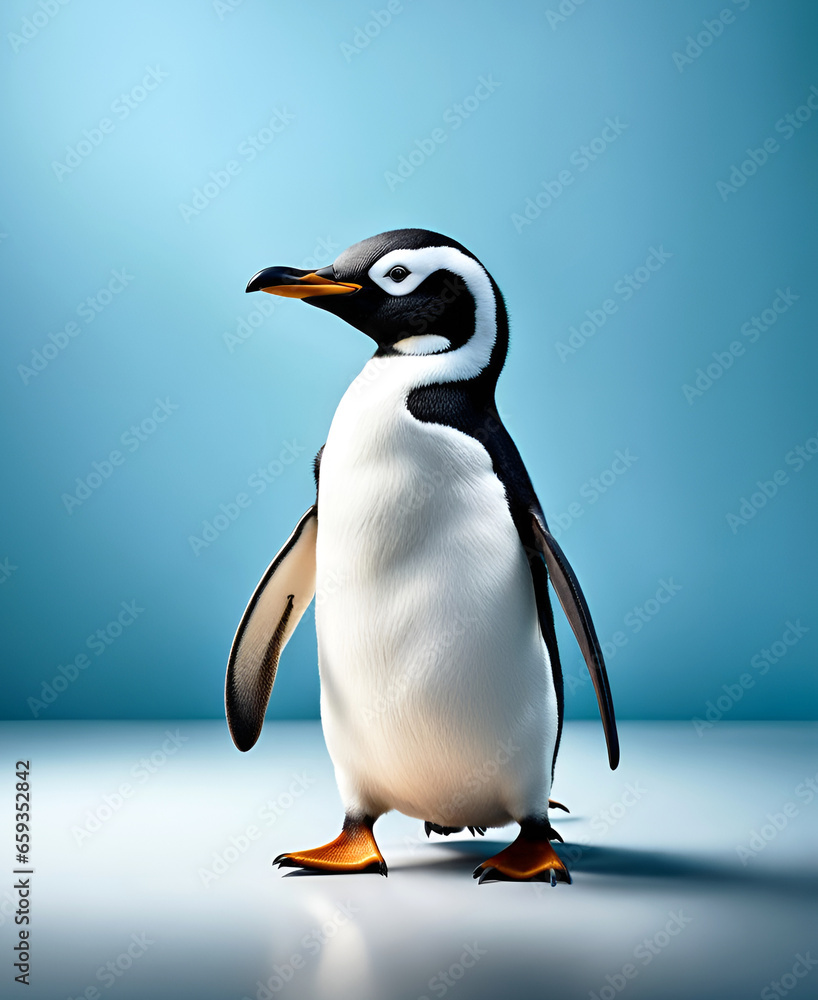 Fototapeta premium Pingouin, manchot debout isolé sur fond uni bleu - IA générative