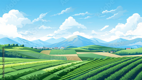 丘の中腹に広がる縞模様の農地、遠景には山々、青い空と白い雲