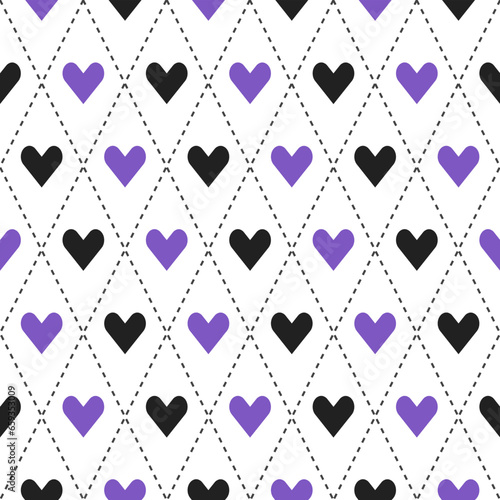 Purple and black argyle pattern with heart inside. Argyle vector pattern. Argyle pattern. Seamless geometric pattern for clothing, wrapping paper, backdrop, background, gift card, sweater.