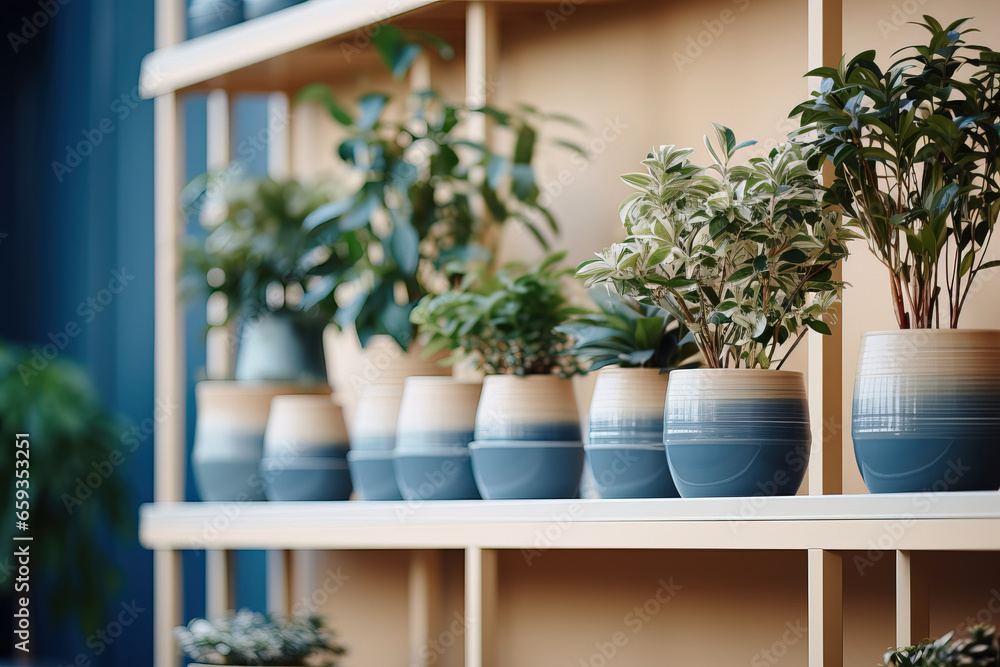 Shelves with plants in a flower shop, bokeh, with empty copy space
