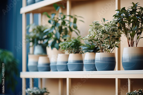 Shelves with plants in a flower shop, bokeh, with empty copy space