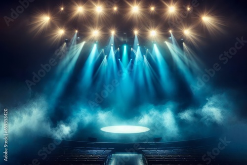 Illuminated stage with scenic lights and smoke. Blue vector spotlight with smoke volume light effect on black background. Stadium cloudiness projector © ProArt Studios