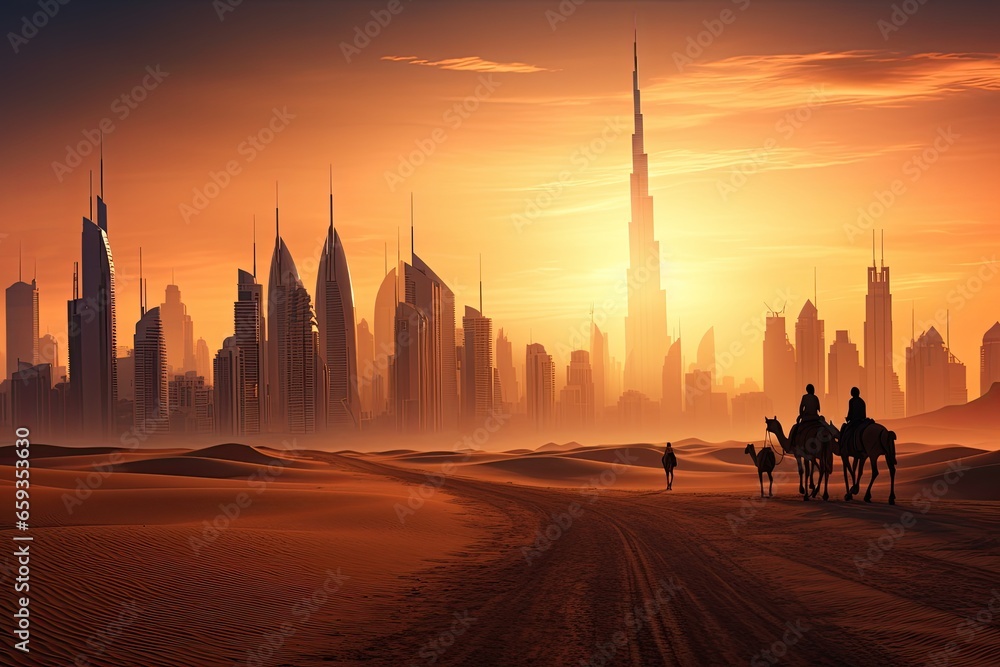 Silhouette of camel in the desert with Dubai city in the background, Camel caravan on sand dunes on Arabian desert with Dubai skyline at sunset, AI Generated - obrazy, fototapety, plakaty 