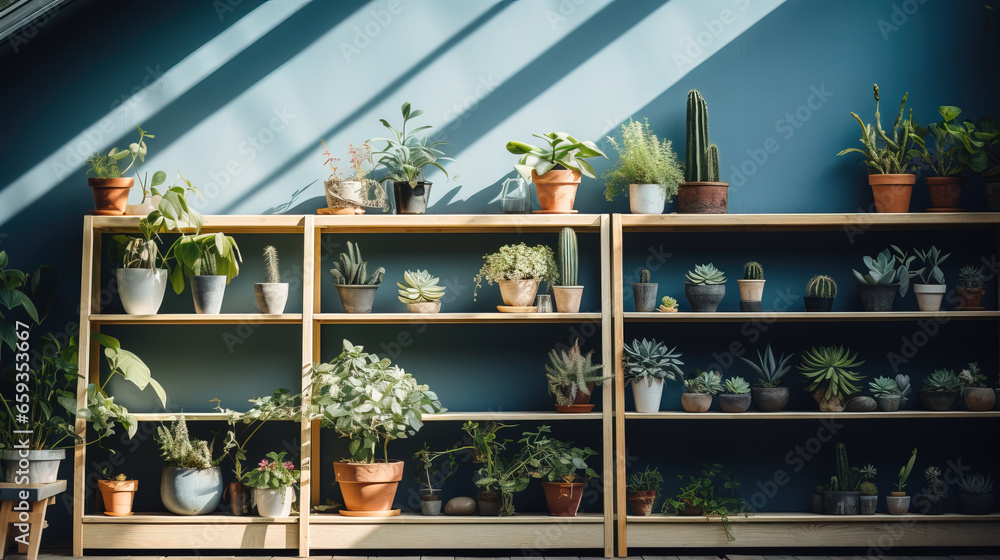Fototapeta premium Shelves with plants in a flower shop, bokeh, with empty copy space