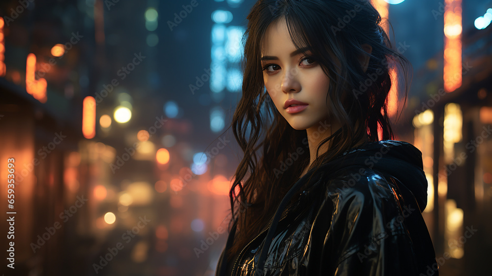 Vibrant and colourful Cyberpunk female character, blurry background with lights.
