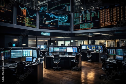 Stock exchange trading room with computers and stock market data on screen, Bustling trading floor with multiple monitors displaying real - time financial data and stock market, AI Generated photo