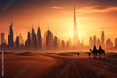 Silhouette of camel in the desert with Dubai city in the background, Camel caravan on sand dunes on Arabian desert with Dubai skyline at sunset, AI Generated