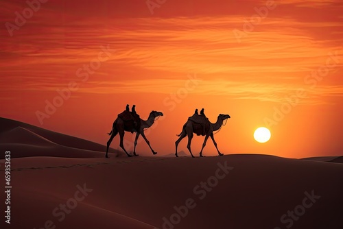 Camel caravan in the Sahara desert at sunset. 3d rendering, Camel caravan on sand dunes on Arabian desert with Dubai skyline at sunset, AI Generated