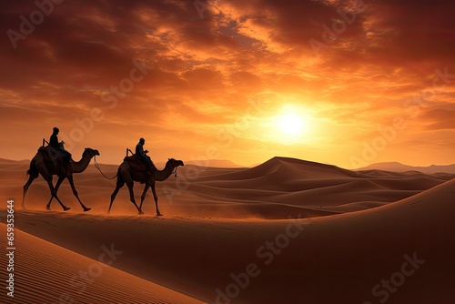 Camel caravan in the desert at sunset. 3d illustration, Camel caravan on sand dunes on Arabian desert with Dubai skyline at sunset, AI Generated