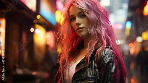 Vibrant and colourful Cyberpunk female character, blurry background with lights.