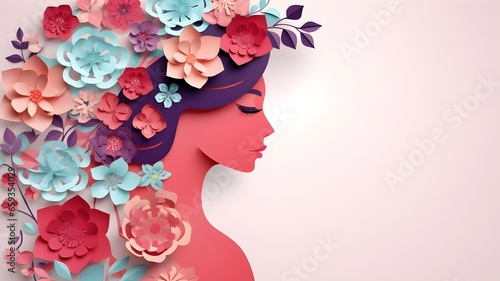 Happy International Women's Day. Portrait of a woman, paper cut style background