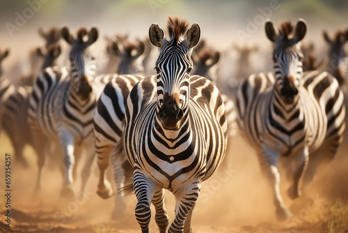 a herd of zebras running across a dusty field