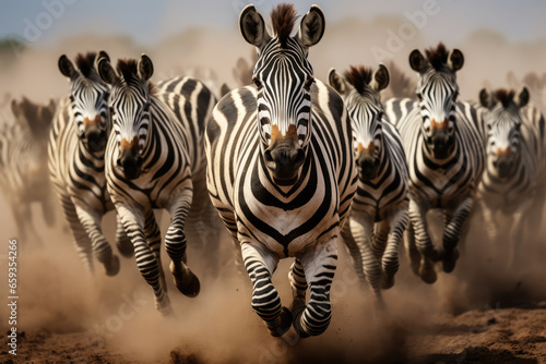 a herd of zebras running across a dusty field