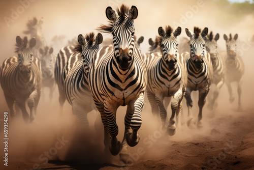 a herd of zebras running across a dusty field photo