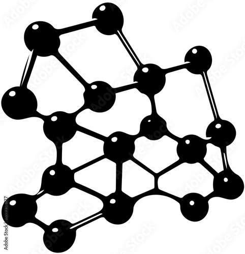 Black and white illustration of molecular structure, network plexus, line pattern, geometric shapes