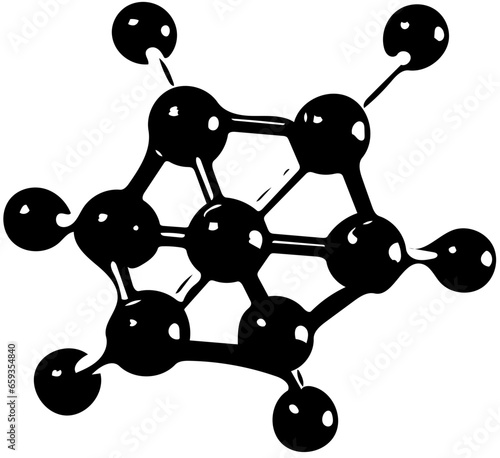 Black and white illustration of molecular structure, network plexus, line pattern, geometric shapes