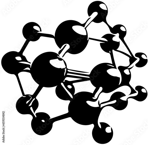 Black and white illustration of molecular structure, network plexus, line pattern, geometric shapes