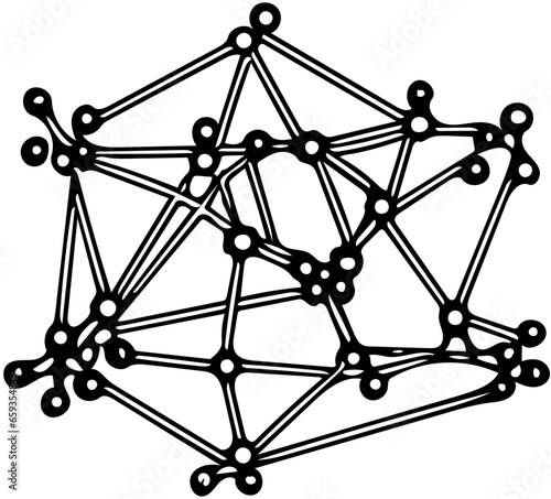 Black and white illustration of molecular structure, network plexus, line pattern, geometric shapes