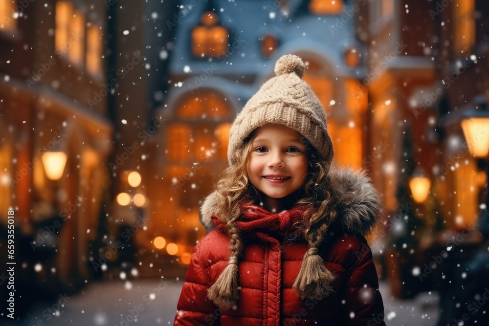 Cute little girl in a red jacket and hat on a snowy Christmas street, christmas and new year holidays concept, AI Generated Cute little girl in a red jacket and hat on a snowy Christmas street, christmas and new year holidays concept, AI Generated