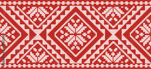 Motif Christmas ethnic handmade beautiful embroidery art. Christmas background. folk embroidery Christmas pattern, Ikat art ornament print. red, white colors. Holly, Mistletoe, poinsettia design.