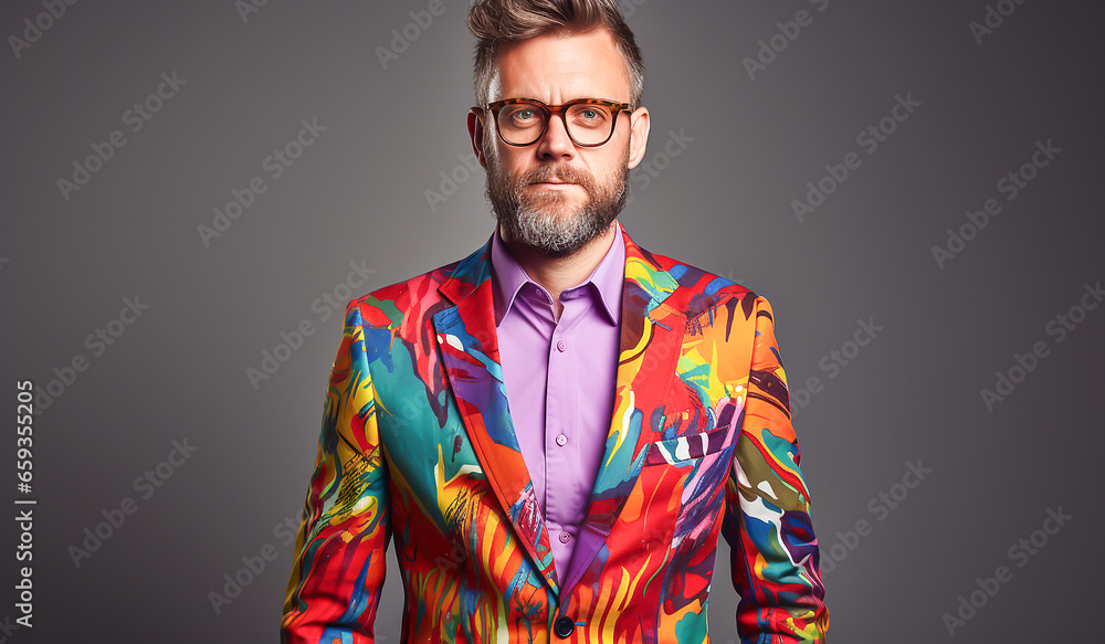 Modern and eccentric man, dressed in a very colorful blazer. AI generated Modern and eccentric man, dressed in a very colorful blazer. AI generated